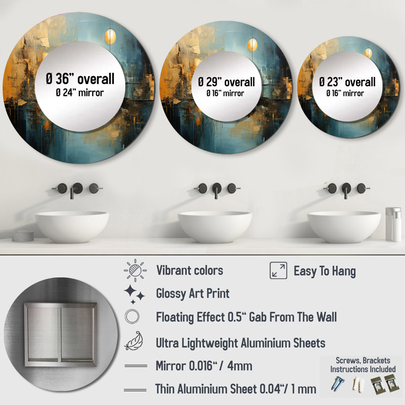 Teal Orange Bold Energy I - Dams Unique Mirror, Modern Large, 23 po x 23 po