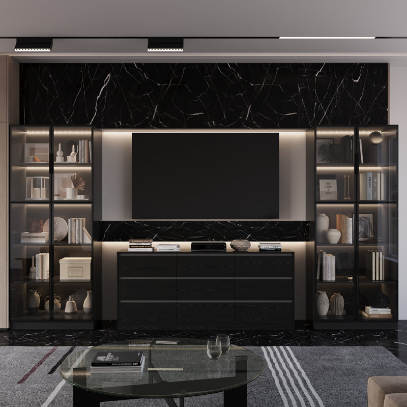3pc-tv Stand With Bookshelves Modern Entertainment Center With Glass Door, Black