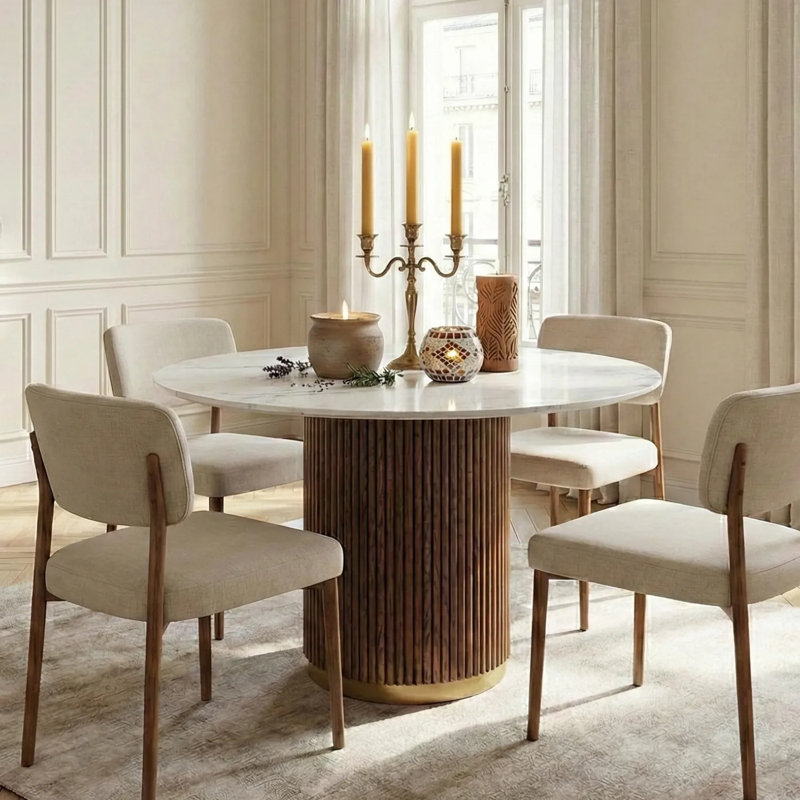 Marcio White Marble-effect Ceramic Top & Wooden Base Round Dining Table - 120cm