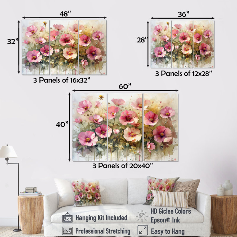 Ensemble de reproductions d'art sur feuilles roses, roses et vertes, Toile tendue, H 40 po x l 60 po x P 1 po