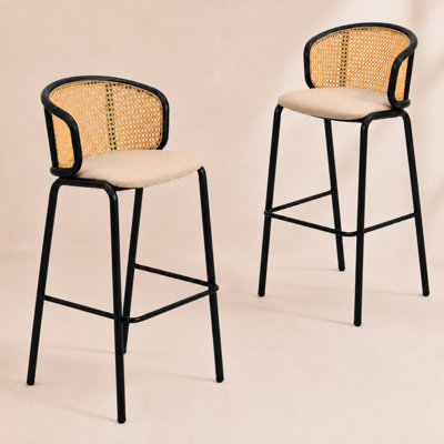 Daishun PU Leather Counter Height Bar Stool, Modern Wicker Low-Back Kitchen Island Chair, Luxury Matte Black Stainless Steel Frame Barstool with Footrest