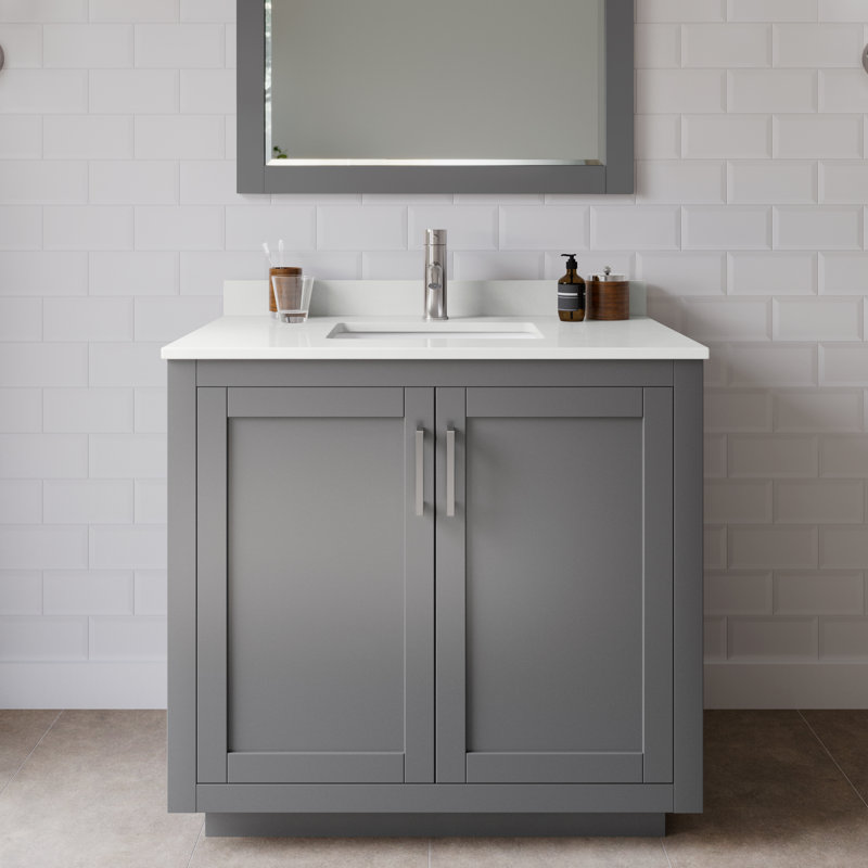 Miranda 36" Freestanding Single Bathroom Vanity with Quartz Top, White Quartz, Dark Gray, Brushed Nickel