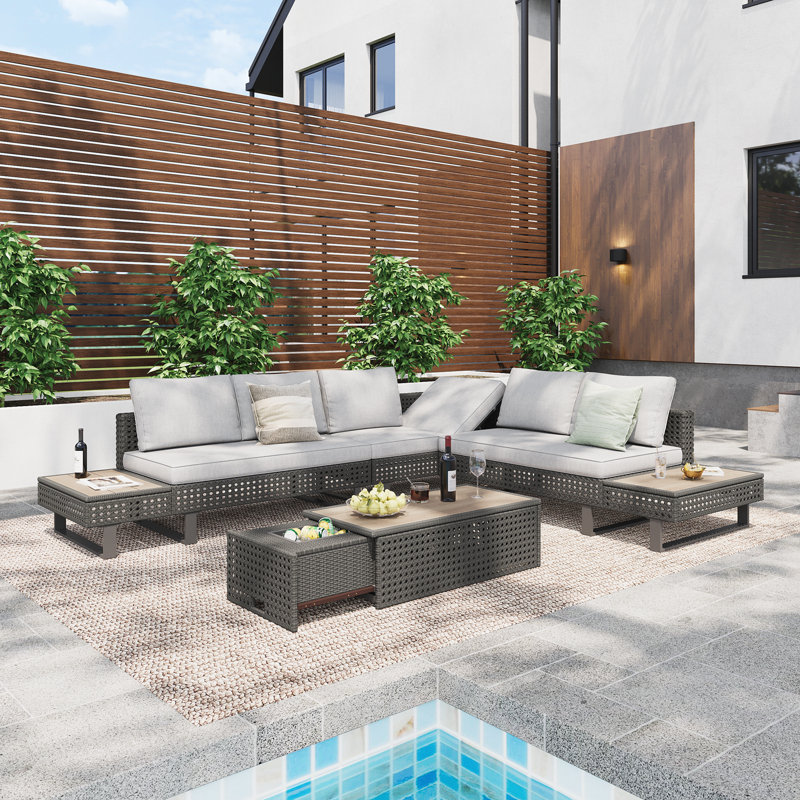 Ensemble modulaire de patio 6 pièces avec table basse extensible et seau à glace, Gris