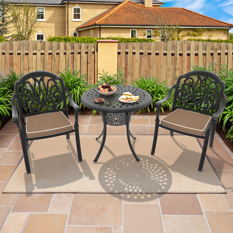 3-Piece 30.71-inch Round Table Cast Aluminum Outdoor Dining Set with Umbrella Hole and Brown Cushions
