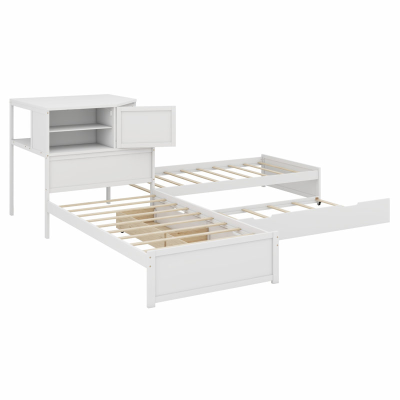 Lit combiné en L avec lit gigogne et tiroir en L, lit plateforme en coin bas 3-en-1 avec bureau, Blanc