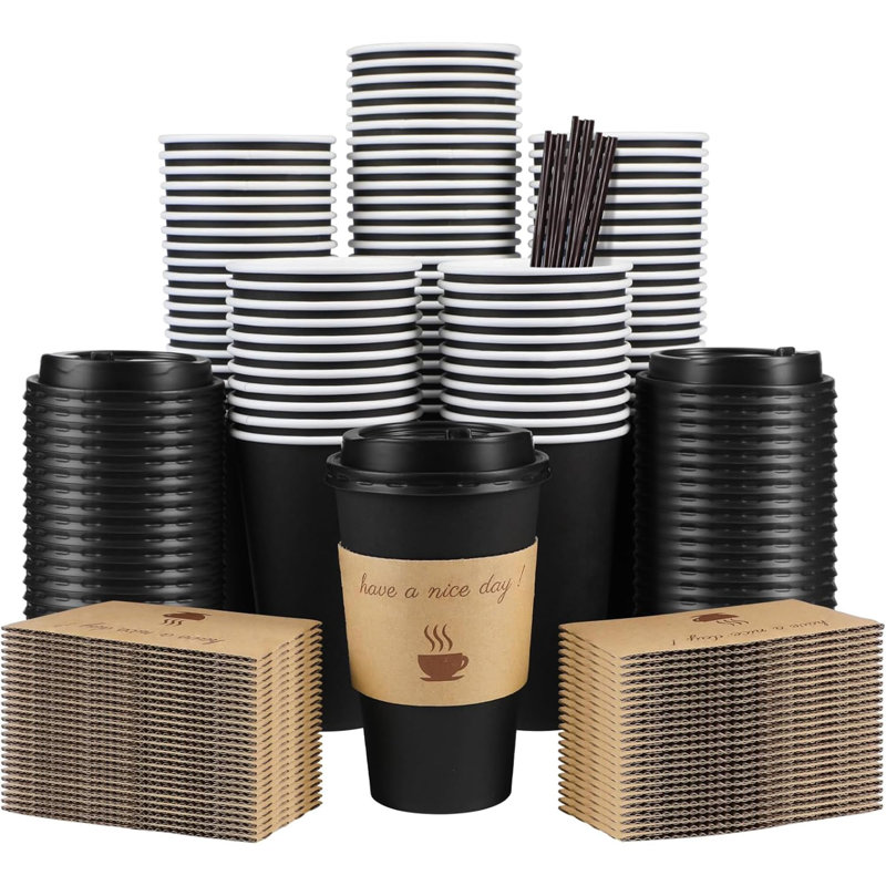 100 Pack 16 Oz Coffee Cups With Lids, Disposable To Go Paper Coffee Cups With Sleeves And Stirring Sticks For Hot/Cold Drinks Office Home Shop Event (Black)