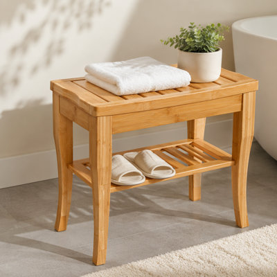 Long banc de douche en bambou, tabouret de douche spa en bois de 20 po avec tablette de rangement pour chaussures