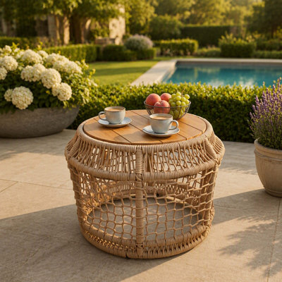 Table d'appoint ronde en bois d'acacia avec piètement en corde tressée beige clair, plateau en teck, supporte jusqu'à 68 kg, aucun assemblage requis, meuble d'appoint résistant aux intempéries pour terrasse, jardin et salon.