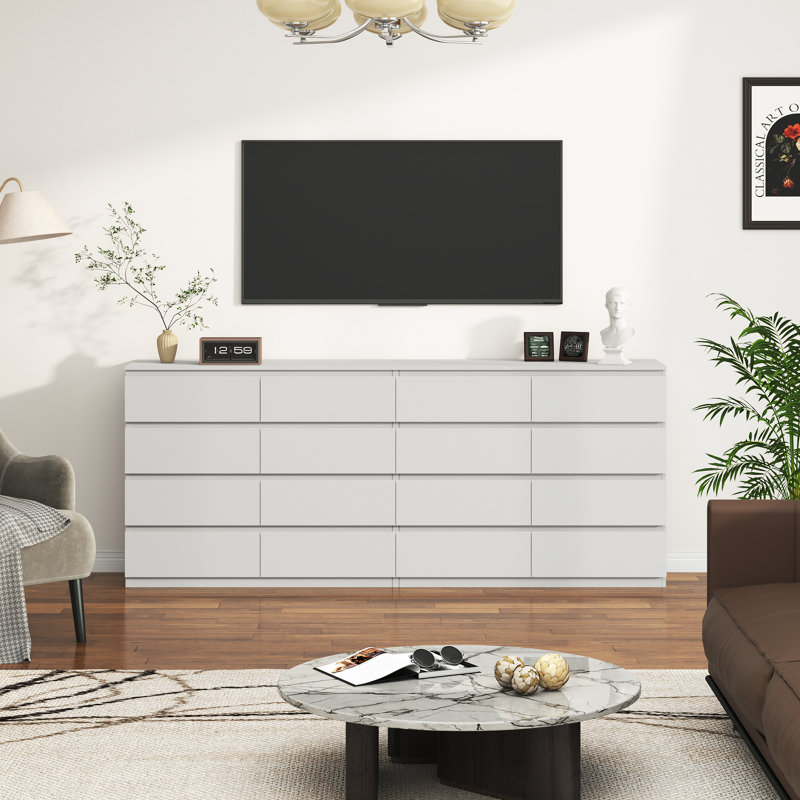 Commode 87 po à 16 tiroirs et meuble télé avec station de recharge pour chambre à coucher, salon et entrée 87 po, Blanc