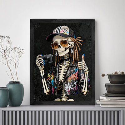 Art rétro encadré noir, «Day of the Dead»: une femme gaie mort-vivante, art rétro