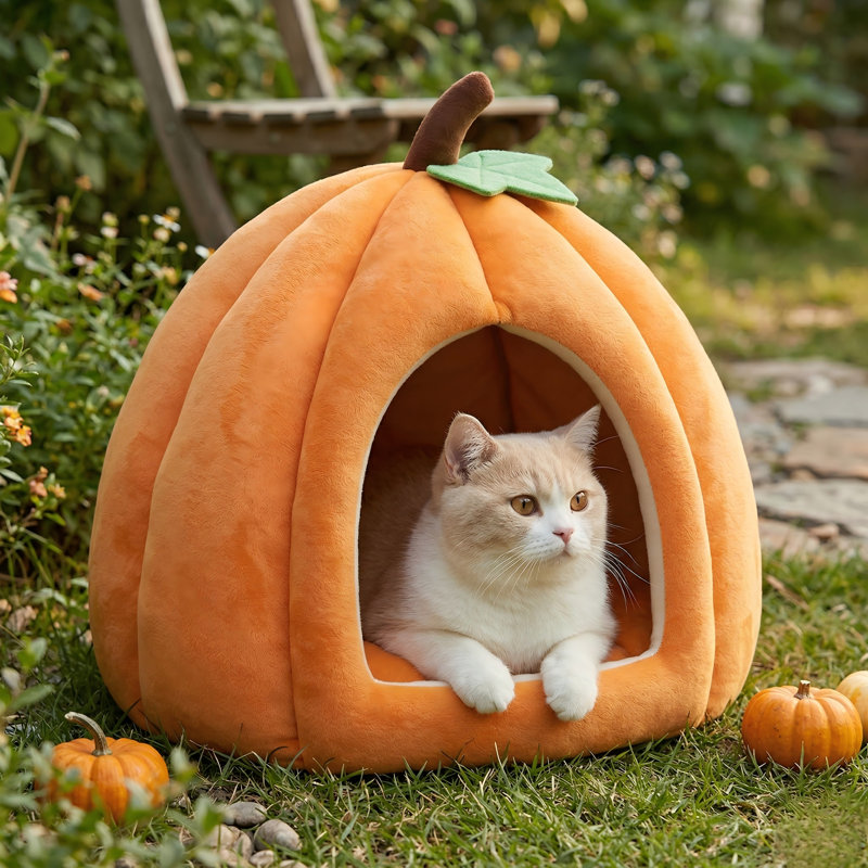 Lit grotte en forme de citrouille pour chats d'intérieur, jolie tente moelleuse avec coussin amovible, nid chaud pour chatons et petits chiens, orange, 22 po