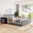 Upholstered Grounded Bed, Mother & Child Bed with Bedside Desk and Little Round Stool, Velvet-1506164538-1506164537