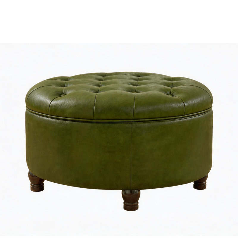 74.9cm Wide Faux Leather Tufted Round Solid Colour Standard Ottoman with Storage, Green