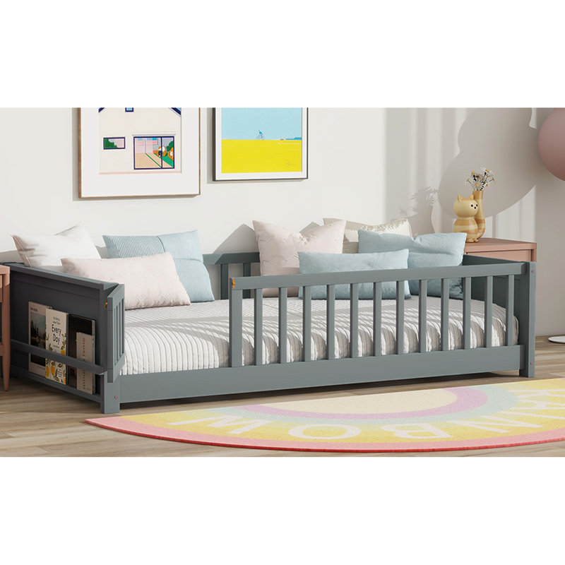 Lit simple au sol gris avec clôture complète, support de livre intégré, 7 lattes, porte à assemblage facile et lattes en contreplaqué pour matelas, fabrication