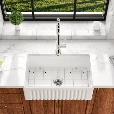 30 Inch Glossy White Ceramic Farmhouse Kitchen Sink Reversible Apron Front Pocelain Single Bowl Sinks