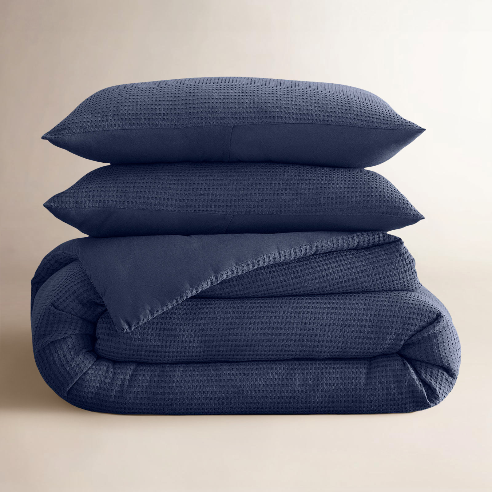 Felix Waffle Cotton Comforter Set, King / Cal King Comforter + 2 King Shams, Midnight Navy