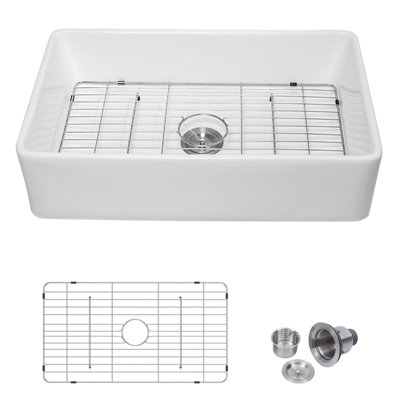 Lofeyo 30"x20"x9"Farmhouse Kitchen Sink Fireclay Sink with Rolling Dryging Rack, Bottom Stainless Steel Grid, Pure White Sinks