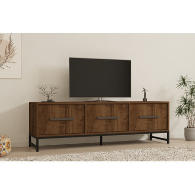 Meuble télé moderne, couleur noyer, 63,0 po x 19,7 po x 15,7 po | 100% panneau de particules enduit de mélamine, épaisseur: 0,7 pouce | Fixation murale avec de nombreuses tablettes pour un rangement supplémentaire, design industriel élégant