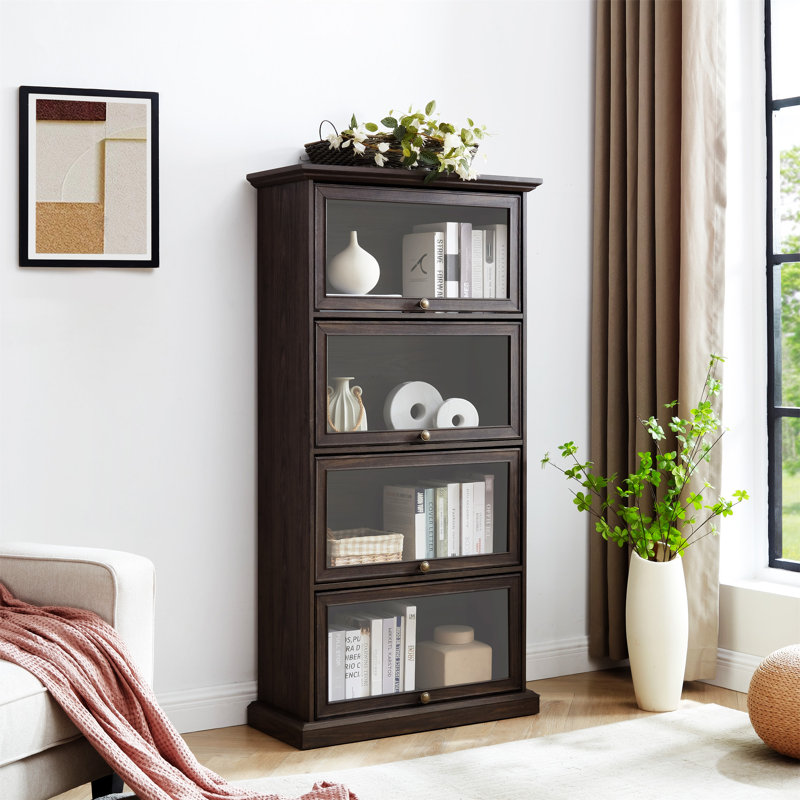 Glass Display Cabinet 4 Tier Glass Display Cabinet Storage Curio Cabinet With Flip Up Glass Doors, Brown