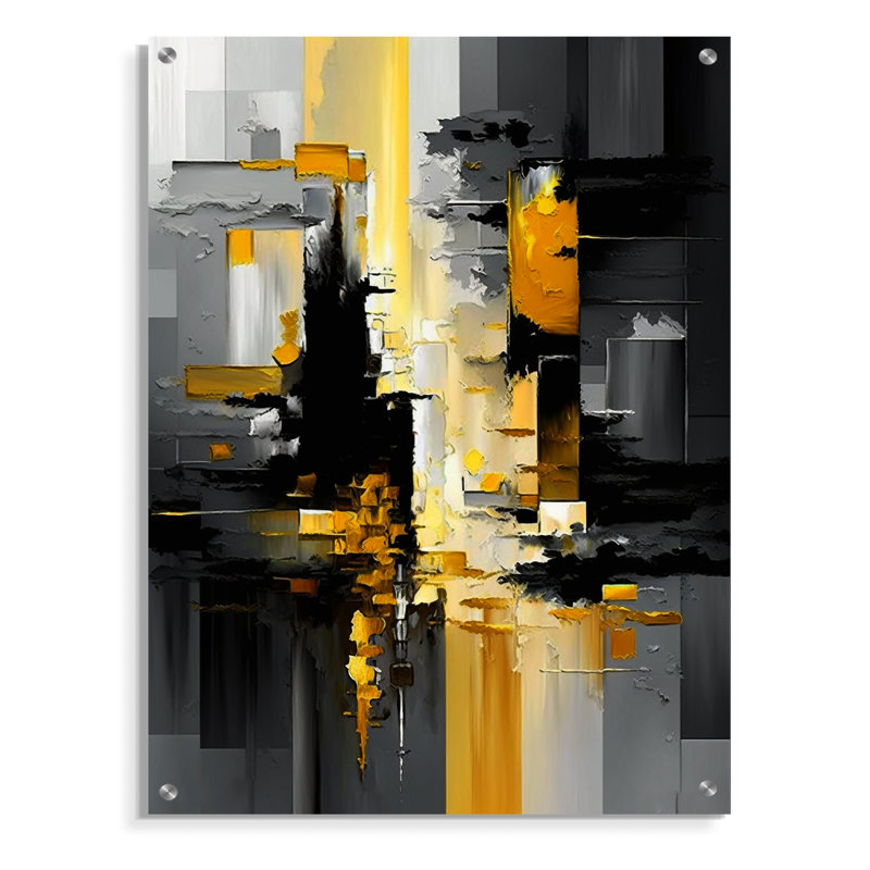 Abstrait géométrique noir et jaune V - Art mural abstrait géométrique en acrylique pour le salon, H 32 po x l 24 po