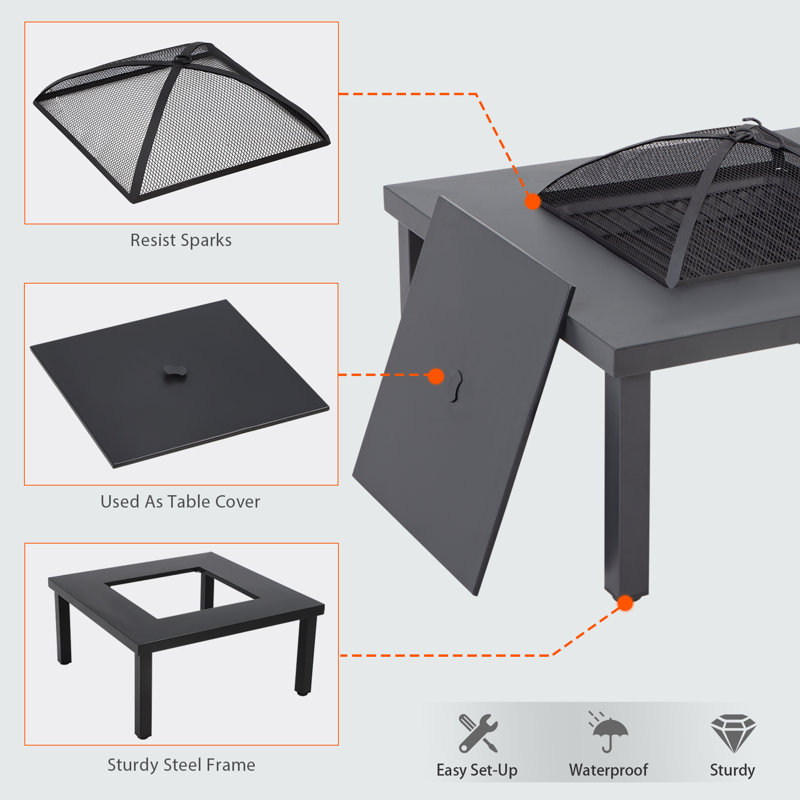 Table de foyer d'extérieur en fer avec couvercle H 16 po x l 34 po Gullu