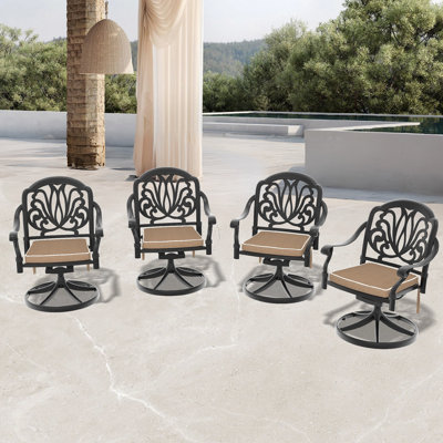 Chaise de patio pivotante en fonte d'aluminium 4 pièces avec structure noire et coussins bruns (Identique à W1710S00428)
