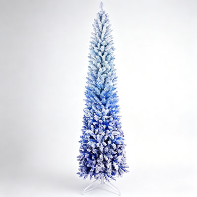 7 Ft Slim Pencil Artificial Christmas Tree Blue Gradient Snow Flocked Finish Equipped with 300 Warm White LED Lights 725 Dense Branch Tips Hinged Branch Design Stable Metal Stand Indoor Modern Holiday Home Decoration