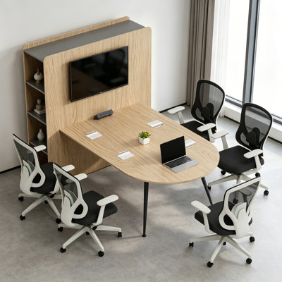 Okeysen 90" Conference Table Set with TV Wall & Power Outlets & 5 BIFMA Certified Ergonomic Mesh Executive Chairs