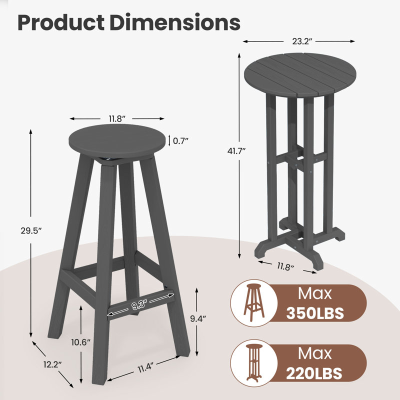 HDPE Outdoor Swivel Bar Stool & Round Table Set (3-Piece), Gray