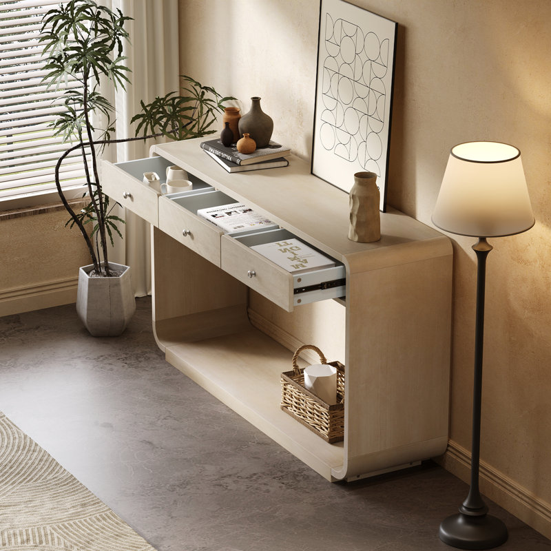 Console de style antique, 3 tiroirs de rangement, tablette de présentation, pieds courbés, finition peinte, Natural