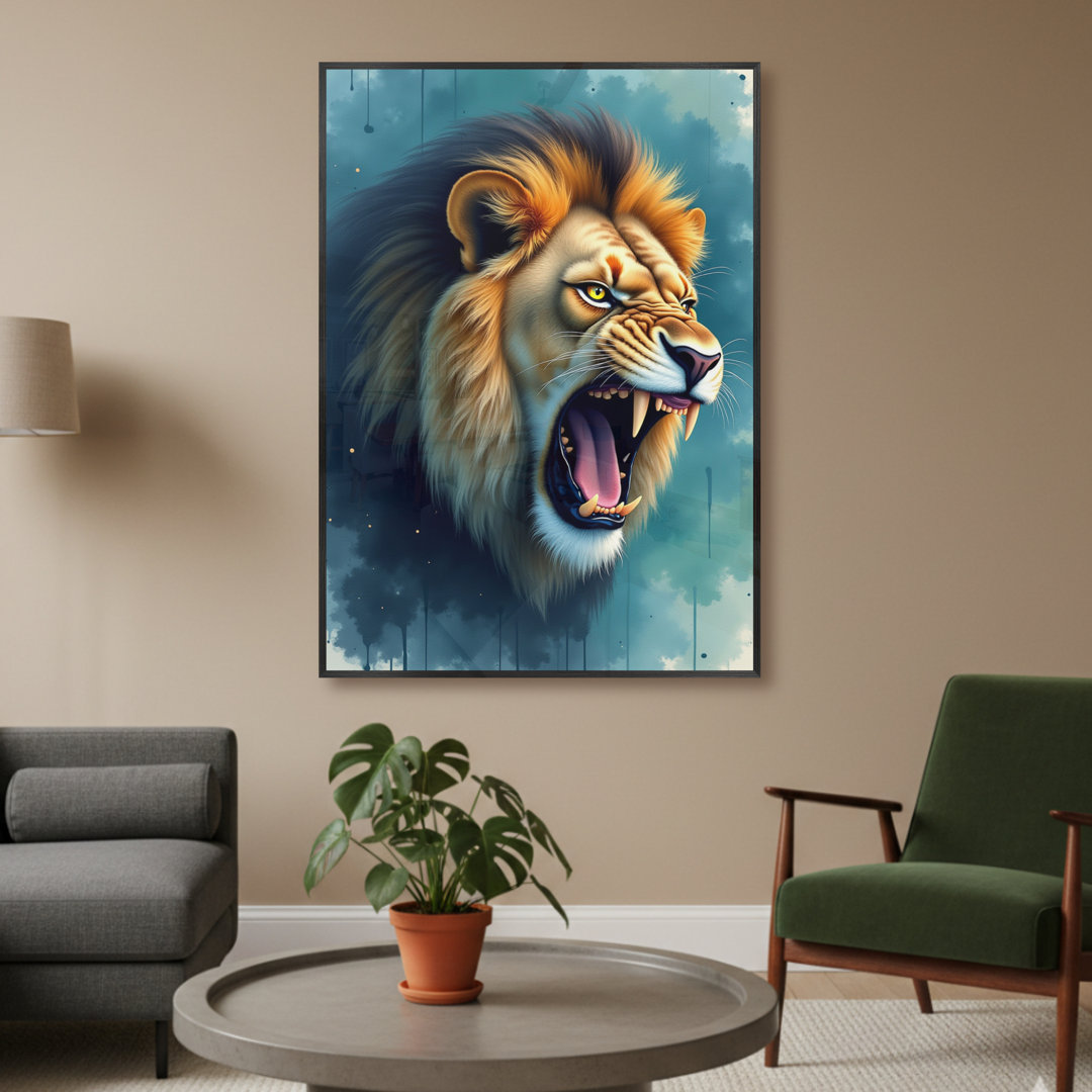 LED Illuminated Wall Art – Roaring Lion Blue Framed Wall Art With Remote Control