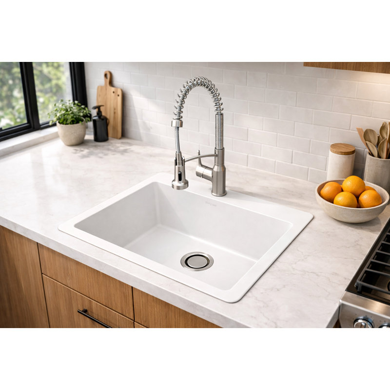 25" Single Bowl Topmount Crystagranite Sink White