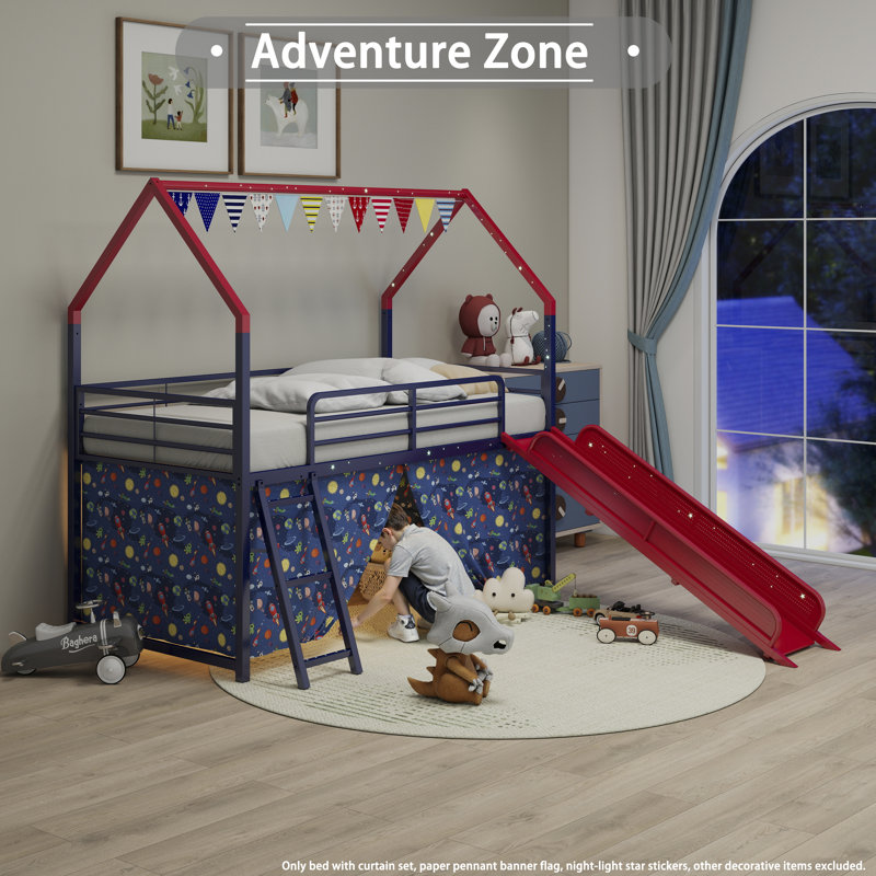 Metal Twin Loft Bed for Kids with Slide, Curtain, Pennant Banner & Star Stickers – Fun Playhouse Design, Super Hero Color Navy Blue and Red