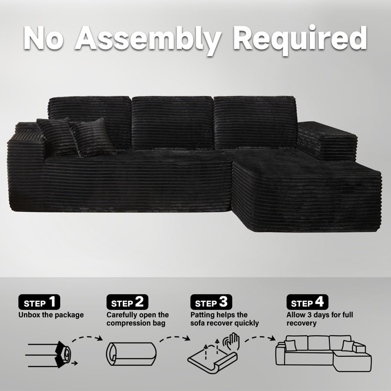 Canapé modulaire à 2 pièces avec rembourrage Co² Boneless, aucun assemblage requis, Velours côtelé noir plus