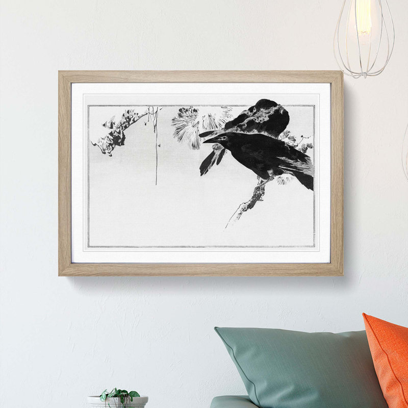 Perched Japanese Crows by Watanabe Seitei - Picture Frame Painting Print, 62cm H x 87cm W x 2cm D, Oak Framed