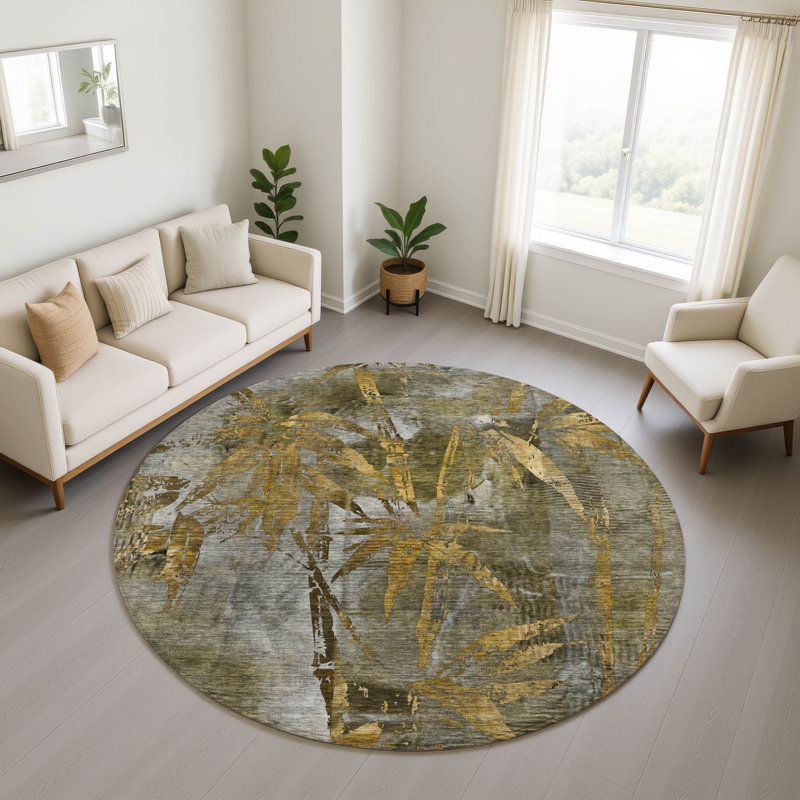Premium Machine Washable Mayfield AMF2222 Botanical Rug, Pewter, 8' Round