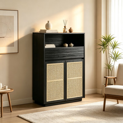 Armoire de rangement en bois massif tressé de rotin