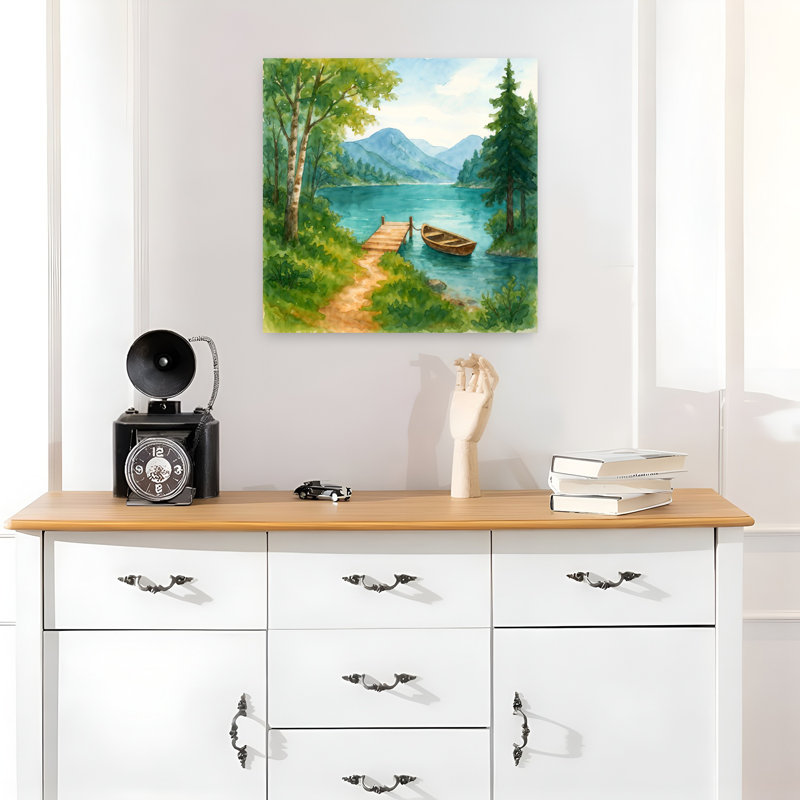 Bateau sur le lac scandinave, art mural contemporain, H 18 po x l 18 po