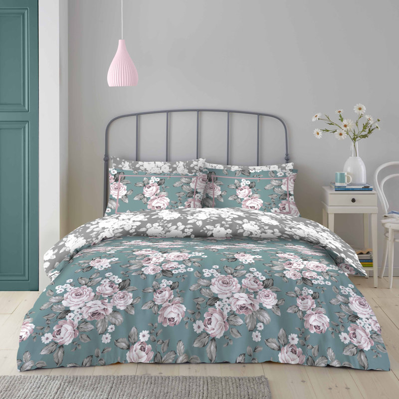 Cotton Blend Floral Duvet Cover with Pillowcases, King Duvet Cover + 2 Standard Pillowcases