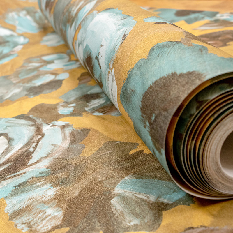 Julie Feels Home Collection Glitter/Shimmer Large Paeonia Flowers Wallpaper Roll, Teal/Gold