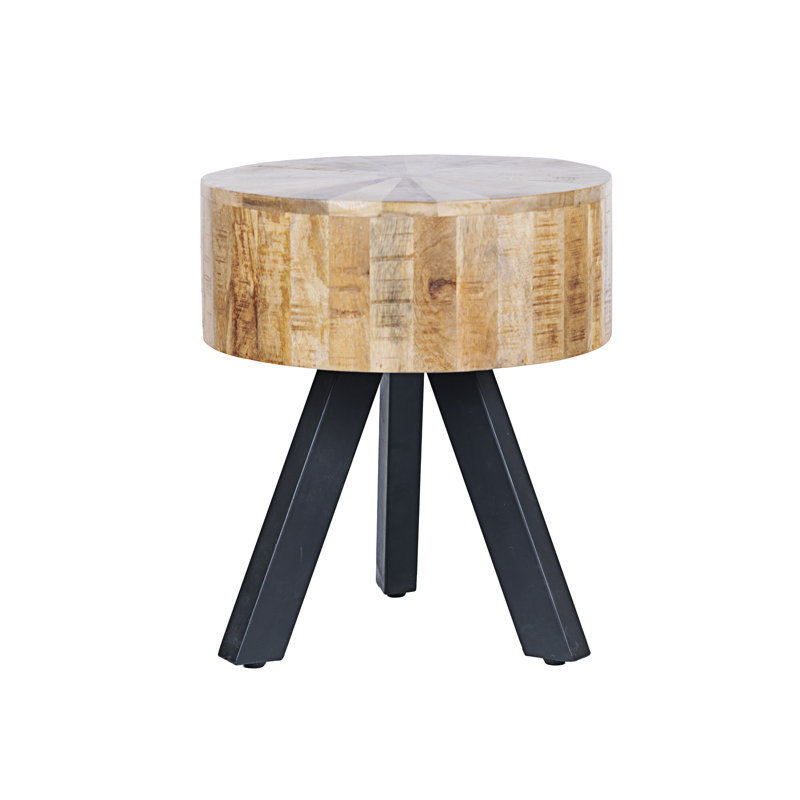 Vintage-Inspired 18" Round Side Table - Handcrafted Mango Wood with Metal Legs