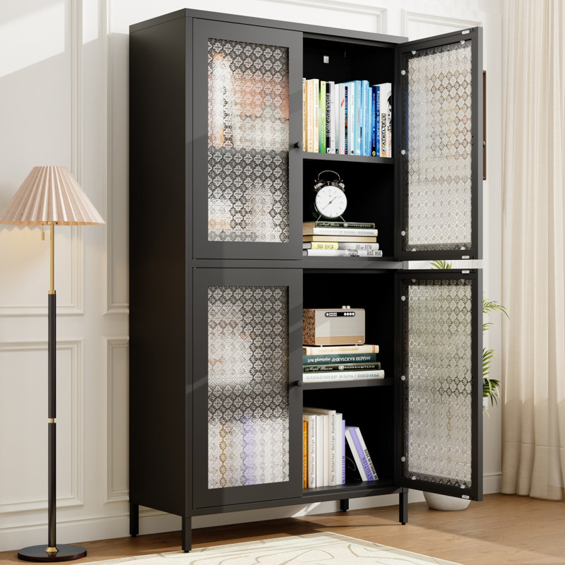 Classic Metal Storage Cabinet Display Cabinet With 4 Glass Doors 4 Shelves Cabinet Freestanding Bookcase Side Cabinet For Home Office Living Room Kitchen Hallway - Black, Begonia Flower Tempered Glass