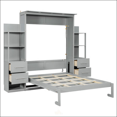 Murphy Bed, Wall Bed with Shelves, Drawers and LED Lights