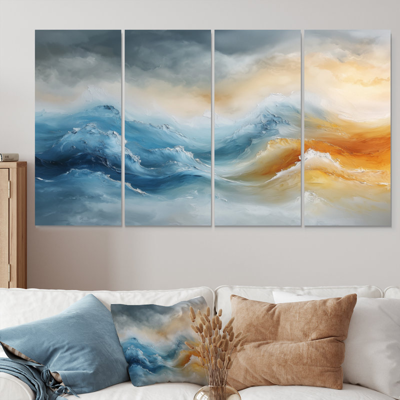 «Dream Blue Coastal Waves Trbulence II» - art mural bleu - ensemble d'art mural moderne, H 32 po x l 64 po, 4