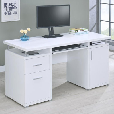 Bureau d'ordinateur blanc avec 2 tiroirs, caractéristiques en métal élégantes, rangement abondant en blanc, décor argenté et fonctionnel