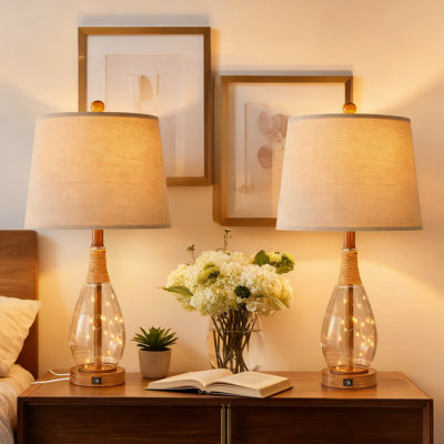 Ensemble de 2 lampes de table avec deux points d'éclairage, ports de charge USB A + C et veilleuse intégrée, rotin campagnard et verre pour la chambre à coucher et le salon