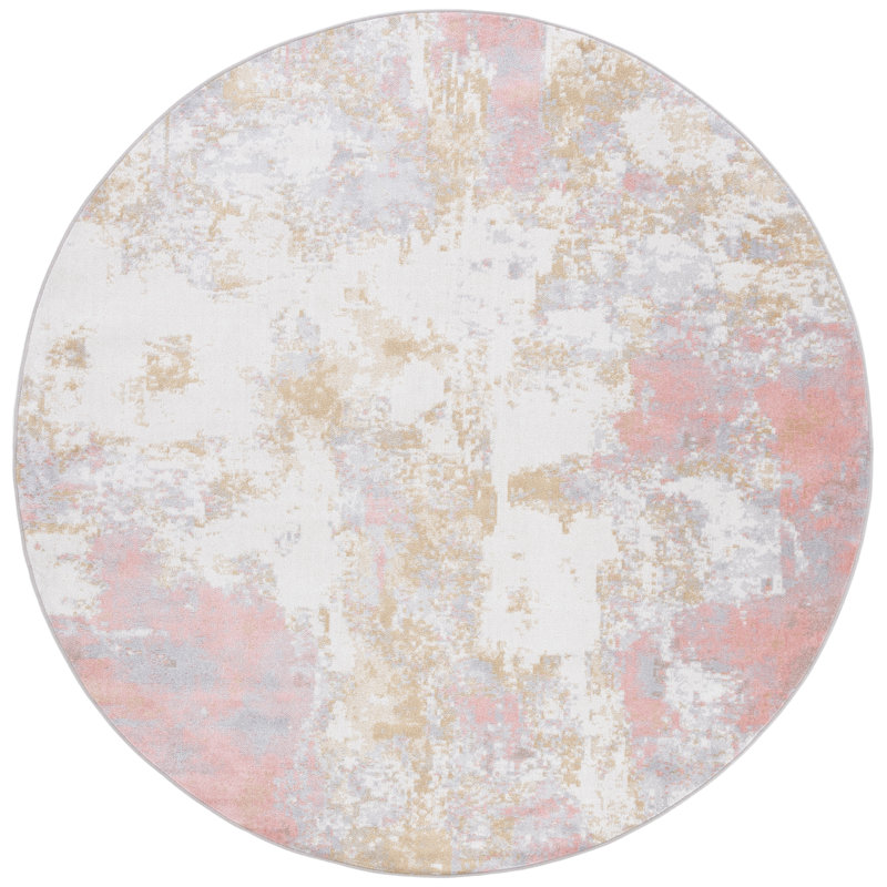 Tapis en polyester tissé à plat à la main à motif abstrait en ivoire / gris / rose Braidy, Rond 8 pi