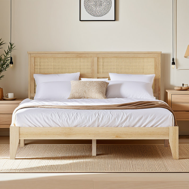 Grand lit plateforme en bois massif avec tête de lit en rotin Boho, Grand lit, Naturel, Non