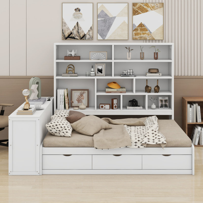 Daybed With Drawers ,Desk ,Shelves And Lights, White