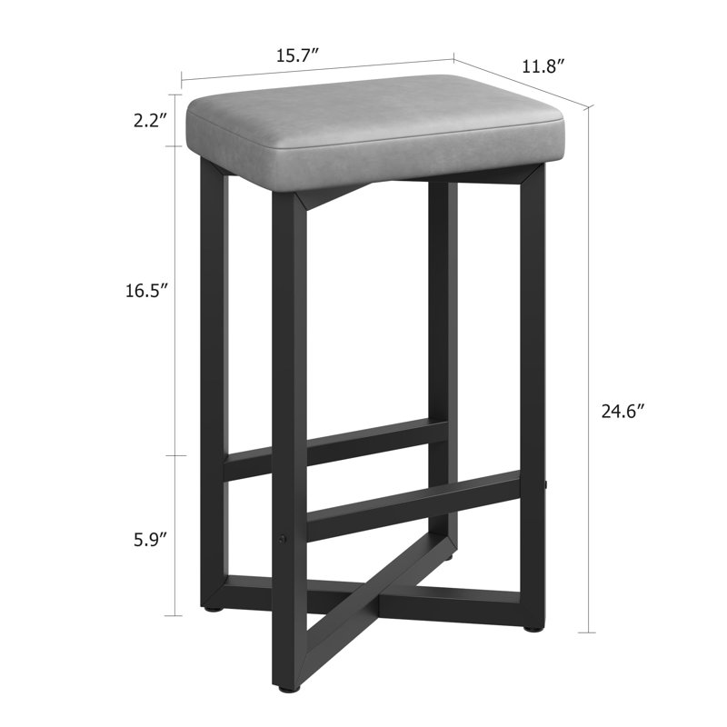 Set of 4 Backless Bar Stools - 62.5cm PU Leather Counter Chairs with Metal Frame & Footrest, Modern Minimalist Stools for Kitchen Island & Dining, Gray